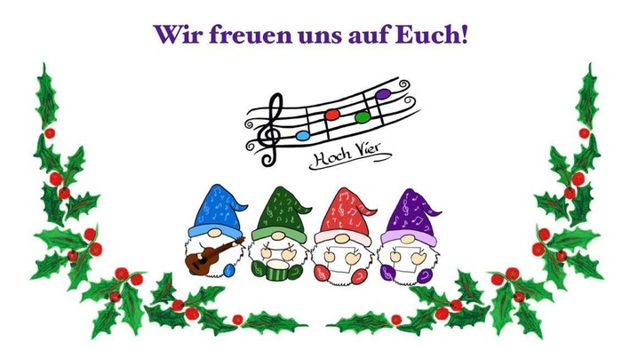 Weihnachts-Adventskalender-Einladung mit Datum, Uhrzeit und Ort, verziert mit weihnachtlichem Schmuck und Wichteln.
