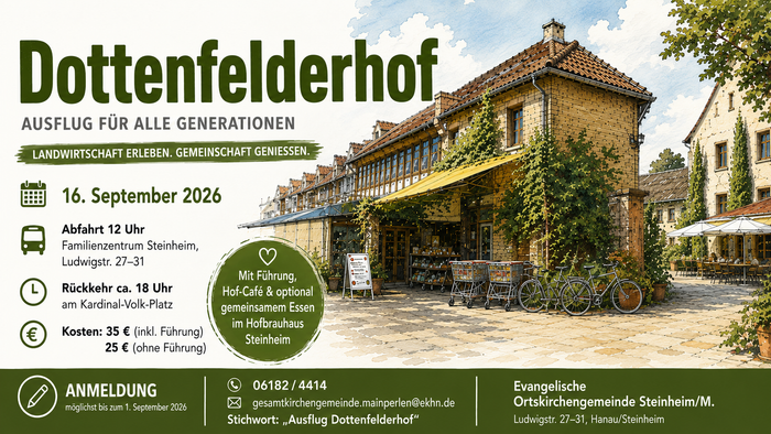 Gezeichnete Ansicht des Dottenfelderhofs mit Hofladen, Fahrrädern und Cafébereich. Links stehen die wichtigsten Informationen zum Ausflug am 16. September 2026 mit Abfahrtszeit, Kosten und Anmeldung.