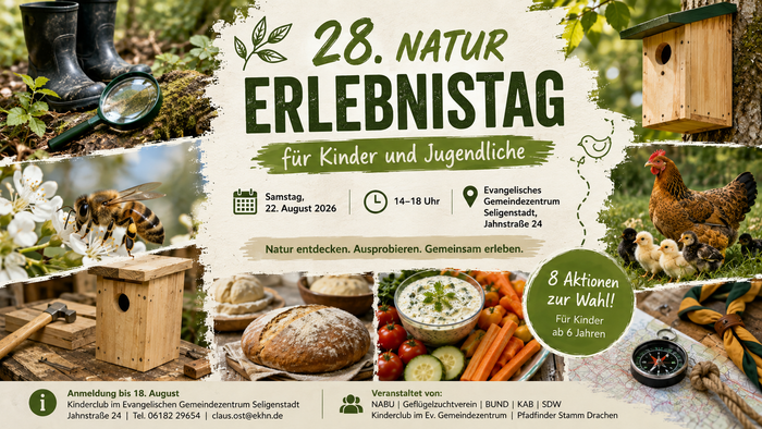 Ein gestaltetes Plakat zum „28. Naturerlebnistag für Kinder und Jugendliche“ kombiniert Fotos von Natur- und Mitmachangeboten wie Bienen, Hühnern, Nistkastenbau, Brot, Gemüse und Orientierung mit Karte und Kompass.