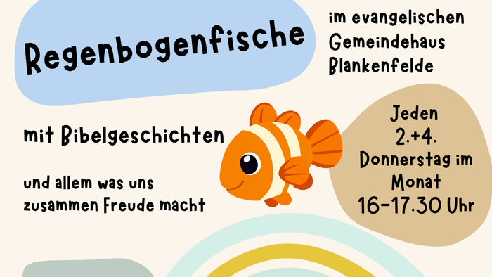 Ein buntes Plakat, das für eine Kinderbibelgeschichten-Veranstaltung für 6- bis 12-Jährige wirbt, die im Herbst 2026 alle zwei Wochen donnerstags stattfindet.