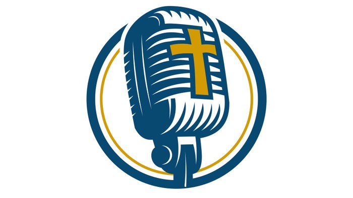 Ein Mikrofon mit einem Kreuzsymbol in einem stilisierten kreisförmigen Rahmen, das audiobasierte Inhalte mit religiösem Bezug darstellt.
