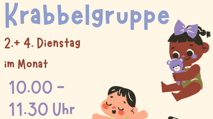Ein buntes Plakat für eine monatliche Spielgruppe für Kleinkinder mit Singen, Spielen und Austausch am zweiten und vierten Donnerstag.