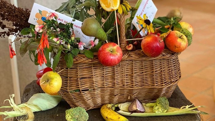 En kurv med frugter og grønne dyrkede planter på bord med stoff.