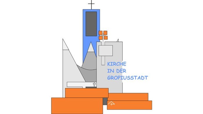 Sie sehen das Logo der Ökumene in der Gropiusstadt. Drei ineinander verschmolzene kirchliche Gebäude.