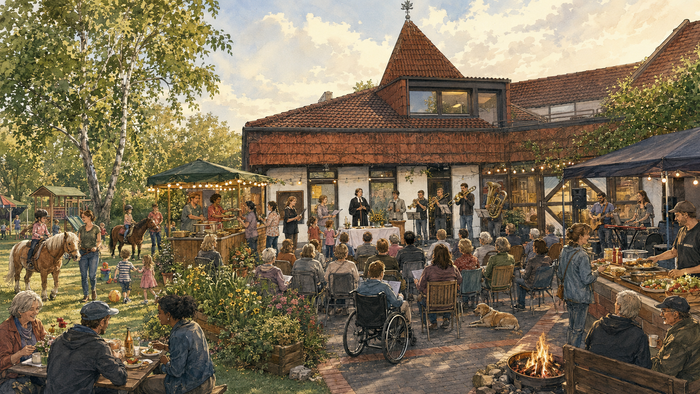 Vor dem Gemeindezentrum feiern Menschen einen Gottesdienst im Freien, ein Posaunenchor musiziert und Kinder reiten auf der Spielwiese Ponys. Essensstände, eine Band, gedeckte Tische und ein kleines Lagerfeuer füllen den Hof.