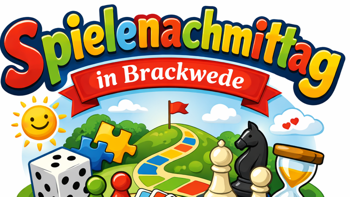 Buntes Logo für „Spielenachmittag in Brackwede“ mit verschiedenen klassischen Brett- und Kartenspielen.