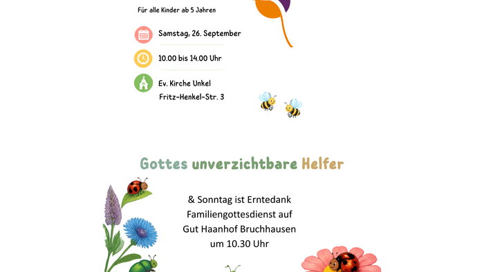 „Kirchenveranstaltung für Kinder ab 5 Jahren am 26. September mit weiteren Informationen zum Familiengottesdienst.“