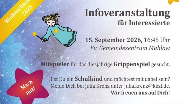 Werbung für die Infoveranstaltung für das Weihnachtsmusical am 15.09.2026. Schulkinder werden zum Mitmachen aufgerufen.