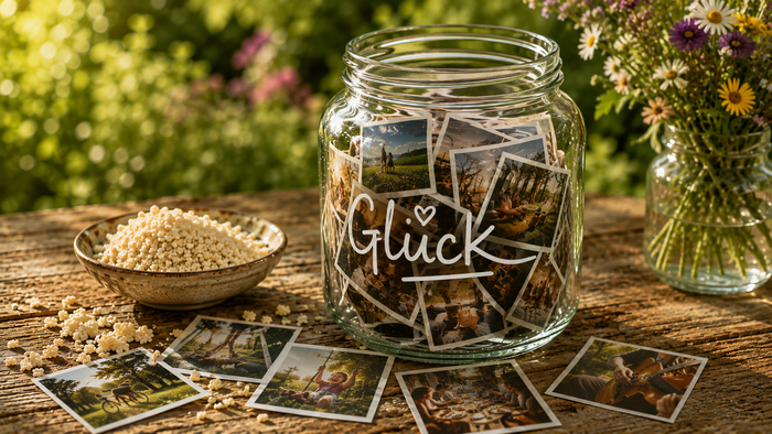 Ein großes Glas mit der Aufschrift „Glück“ ist mit vielen kleinen Erinnerungsfotos gefüllt und steht auf einem Holztisch im sommerlichen Garten. Daneben liegen weitere Fotos und eine Schale mit Manna; ein Strauß Wiesenblumen ergänzt die Szenerie.