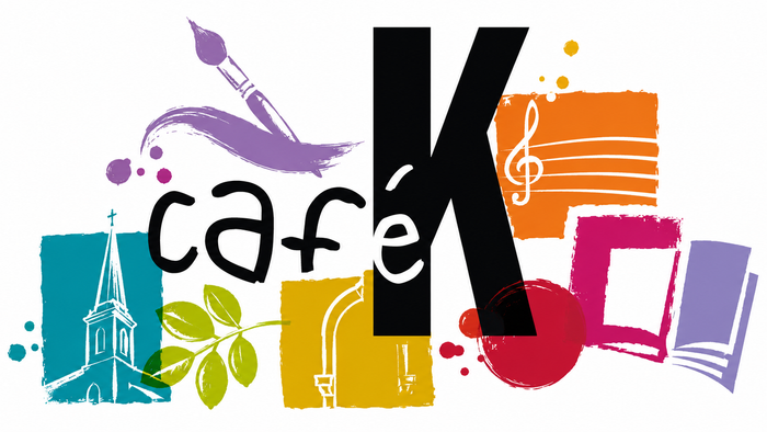 Modern gestaltetes Logo „café K“ mit handgezeichneten, farbenfrohen Grafikelementen wie Kirchenumriss, Notenlinien, Buch und Blättern auf hellem Hintergrund. Das große schwarze „K“ steht im Mittelpunkt, umgeben von kreativen Symbolen für Begegnung, Kultur
