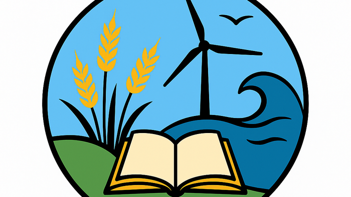 Logo für GS Oldenburg-Land mit Windrad, Weizen, Buch und grüner Landschaft, das Bildung und Nachhaltigkeit symbolisiert.