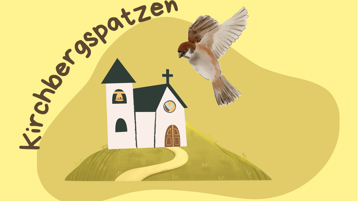 Illustriertes Logo mit einer Kirche auf einem Hügel und einem Vogel, der darüber fliegt, beschriftet mit „Kirchbergspatzen“.