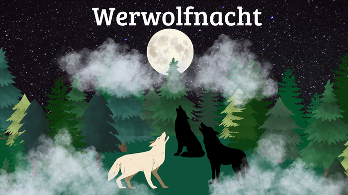 Eine Gruppe Werwölfe in einer Vollmondnacht auf einer nebligen Waldlichtung