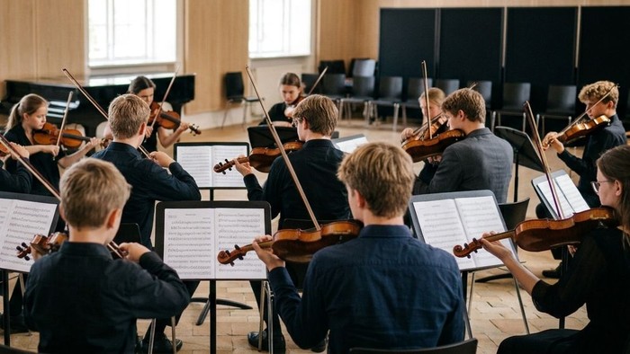 Et fotografi taget bagfra af et børne- og ungdomsorkester af violinister, der sidder i en semi-cirkel med nodestativer i en lys og moderne festsal med store vinduer.