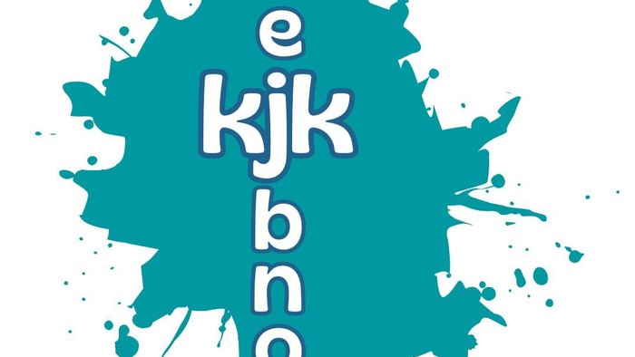 Buntes abstraktes Logo mit den Buchstaben „ekjkbno“ in einem türkisfarbenen Farbspritzer-Design.