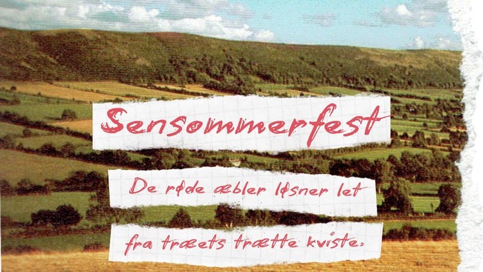 Plakatannoncering for en sommerfestival med dansk tekst og en malerisk landskabsbaggrund.