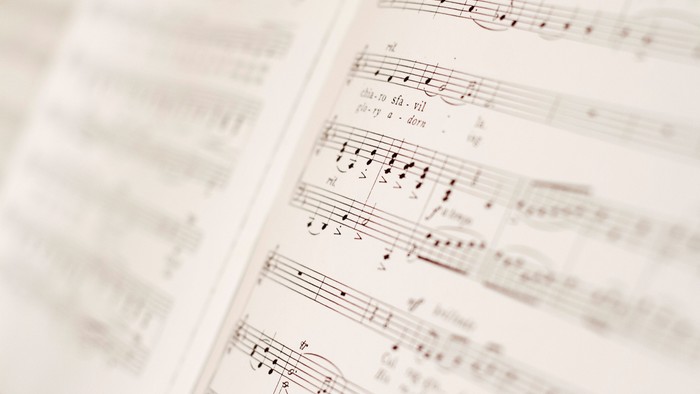 Detaillierte Nahaufnahme von klassischen Musiknoten auf Notenpapier, die Komposition und Notation zeigt.