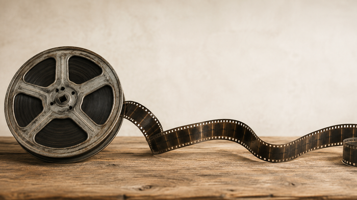 Gammeldags filmrulle med sort-hvid filmstrimmel, der ruller ud på en træoverflade.