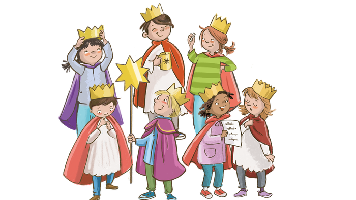 Eine Gruppe fröhlicher Kinder, verkleidet als königliche Figuren mit Kronen und bunten Kostümen.