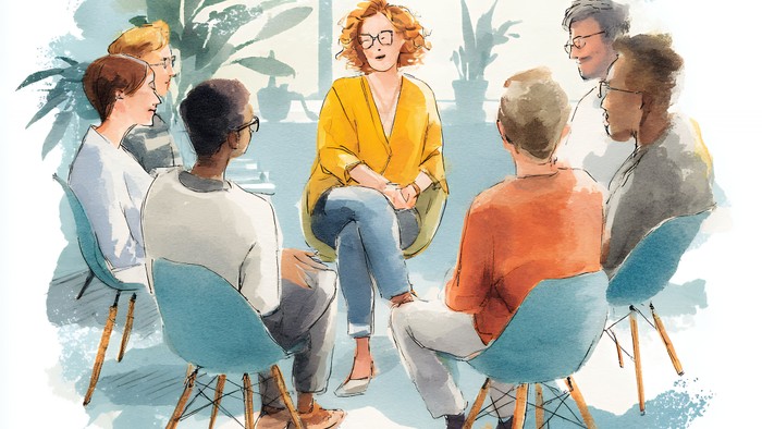 Eine unterstützende Gruppentherapiesitzung mit vielfältigen Teilnehmenden, die im Kreis sitzen und sich austauschen und zuhören.