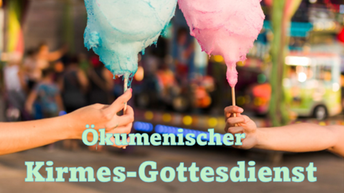 Plakat für eine ökumenische Andacht auf einem Jahrmarkt mit Zuckerwatte und Festival-Hintergrund.