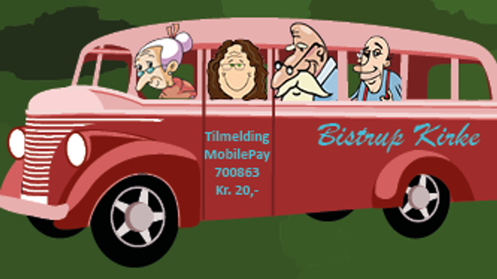 Et farverigt plakat, der reklamerer for sommerkirke-ture med datoer, tidspunkter og en illustration af en vintagebus.