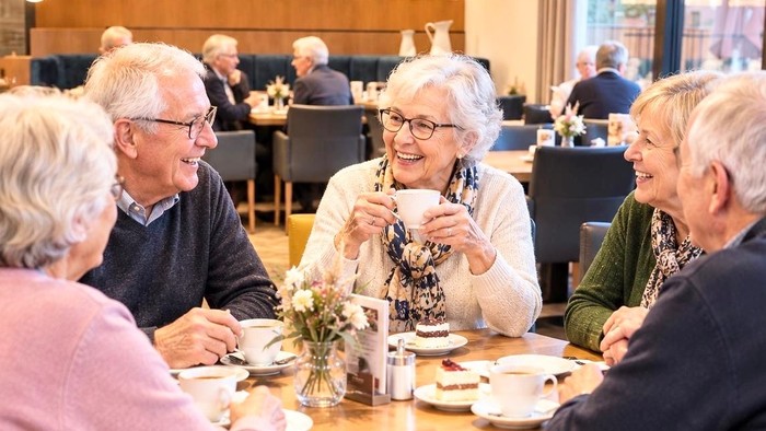 Eine Gruppe älterer Menschen, die sich in einem gemütlichen Café bei Tee und Gesprächen unterhält.
