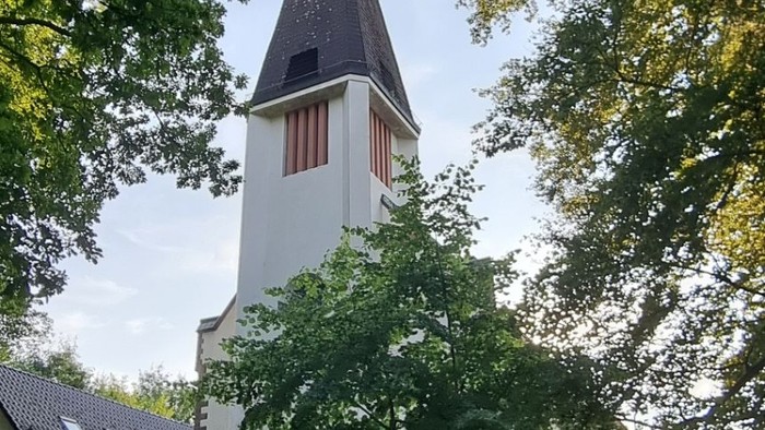 Weiße Kirche mit hohem Kirchturm, umgeben von Bäumen.