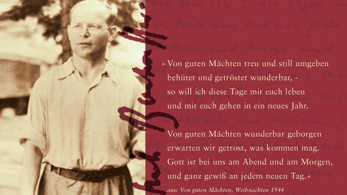 Schwarz-Weiß-Porträt mit einem deutschen Weihnachtsgedicht aus dem Jahr 1944, umgeben von handschriftlichem Text.