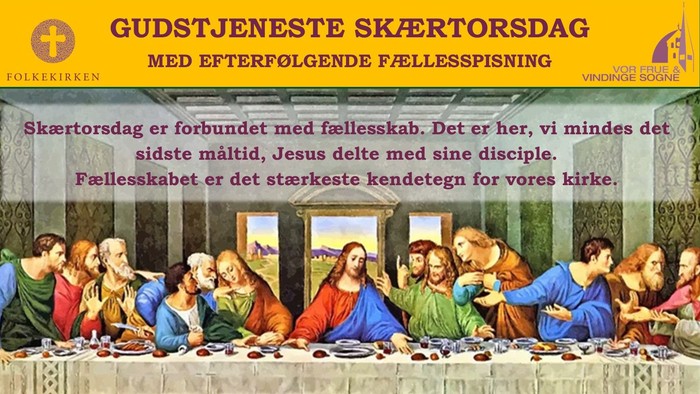 Plakat annoncerende Skærtorsdags gudstjeneste med fælles måltid, med kunst fra Den Sidste Nadver.
