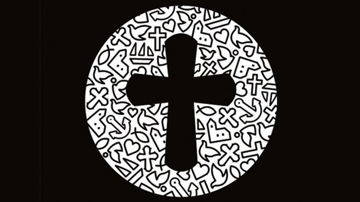 En sort og hvid krets med et centralt kors omgivet af små symboler og tegninger