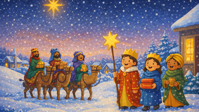 Magische Winterszene zeigt die Heiligen Drei Könige und Kinder, die einem Stern zu einem verschneiten Dorf folgen.