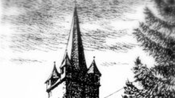 Skizze einer historischen Kirche mit hohem Kirchturm, umgeben von Grünflächen und Steinmauern.