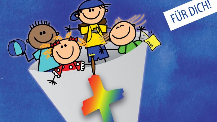 Bunte Tüte mit Kinderaktivitäten, beschriftet mit „Bunte Tüte“, mit einem Regenbogen-Kreuz-Emblem und fröhlichen Comicfiguren.