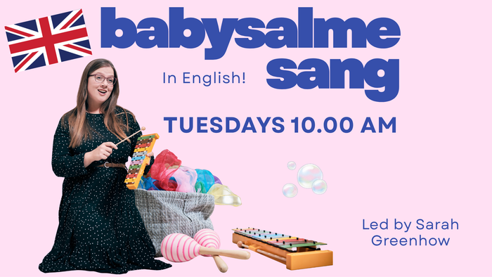 Reklameplakat for engelsk babysangtime med Sarah Greenhow om tirsdagen kl. 10.00.