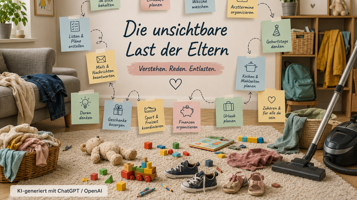 Zeigt die unsichtbaren Belastungen, denen Eltern ausgesetzt sind, und listet tägliche Aufgaben und Verantwortungen in einem gemütlichen, aber unordentlichen Zuhause auf.