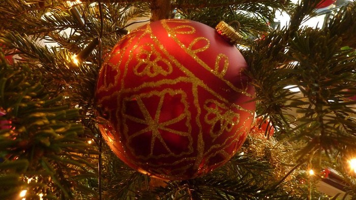 Roter Weihnachtschmuck mit goldener Verzierung hängt am Baum.