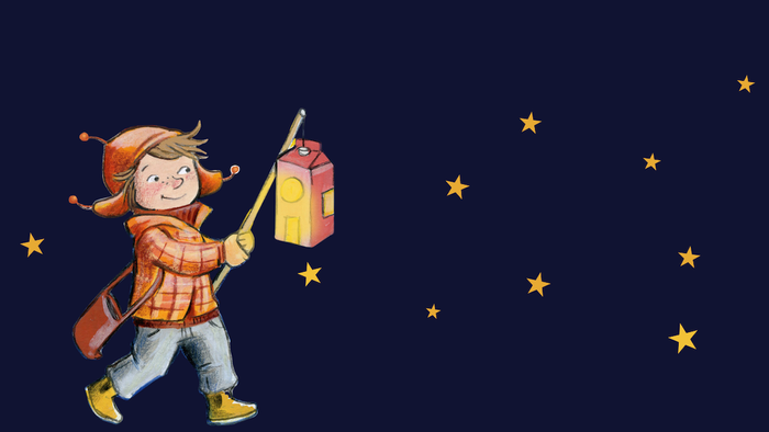 Ein Mädchen mit Rucksack und Geschenk geht unter Sternen