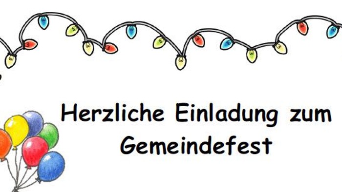 Herzliche Einladung zum Gemeindefest mit festlicher Lichterkette und bunten Luftballons.