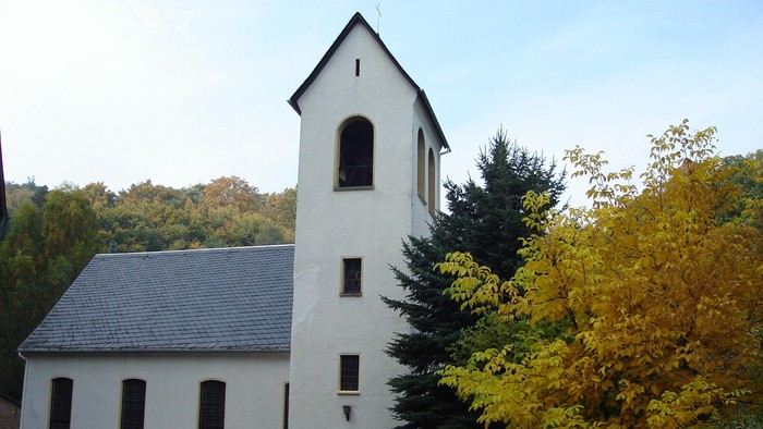 Weißes Gebäude mit Turm neben Bäumen