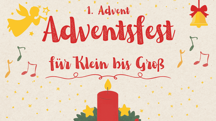 1. Advent, Adventsfest für Klein und Groß, gezeichneter Adventskranz, Engel, Glocke und Musiknoten