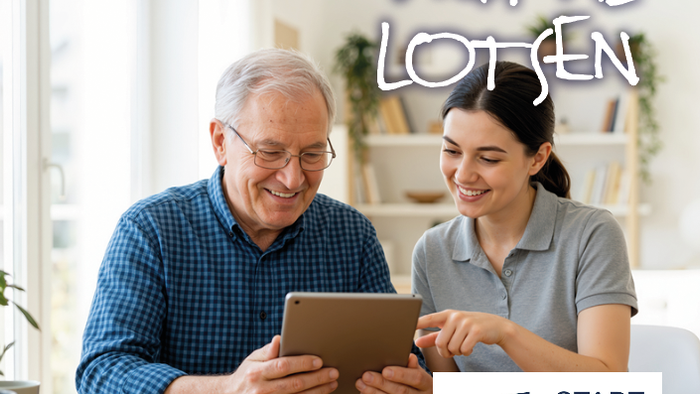 Ein älterer Mann und eine ältere Frau nutzen gemeinsam ein Tablet und lernen digitale Fähigkeiten mit „Digital Lotsen“ in einer unterstützenden Umgebung.