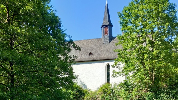 Ein weißer Kirchturm mit spitzem Dach steht hinter einem Bach und Bäumen.