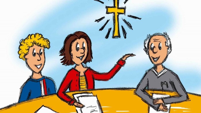 Drei Personen stehen im Wasser, eine zeigt auf ein leuchtendes Kreuz über ihnen und hält Bücher.