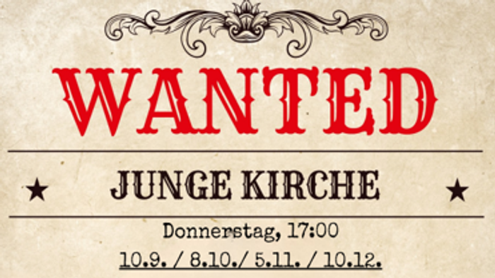 „Gesucht“-Plakat auf Deutsch, das Schüler:innen der 5.–7. Klasse zu sozialen Veranstaltungen in der Jungen Kirche einlädt – jeden Donnerstag.