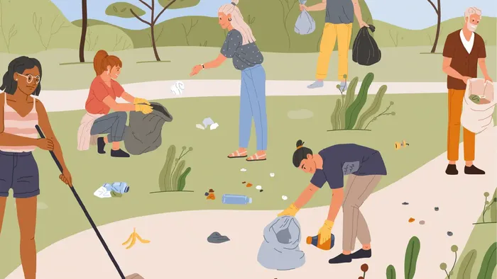 Freiwillige aus der Gemeinde nehmen an einer Aufräumaktion teil und sammeln Müll in einem Naturpark.