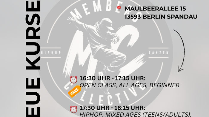Hip-Hop-Tanzkursplan im Members Collective in Berlin mit offenen und fortgeschrittenen Kursen ab dem 31. August.