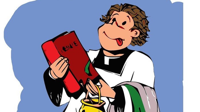 Ein fröhlicher junger Priester in liturgischen Gewändern trägt ein Buch und einen Kelch, während er mit einem Rucksack läuft.