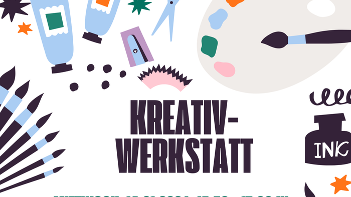 Kreativ-Workshop-Flyer: Zwei Basteltermine – Bilderrahmen gestalten und Tassen bemalen an festgelegten Wochentagen.