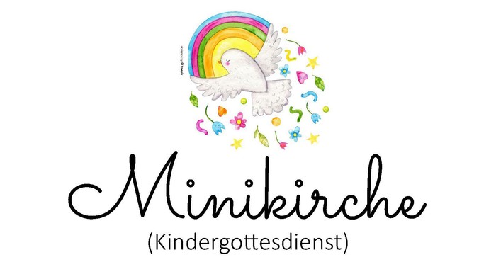 Plakat für einen monatlichen Kindergottesdienst („Minikirche“) mit kommenden Terminen und Ortsangaben.